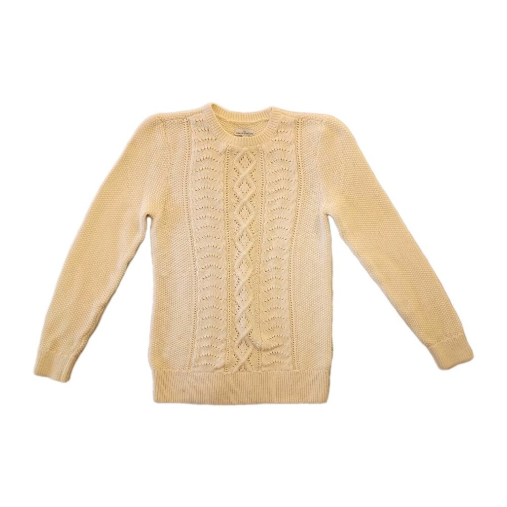 LL Bean Signature Womens Sz Small Sweater Cream Cable Fisherman‎ Knit Cotton Top